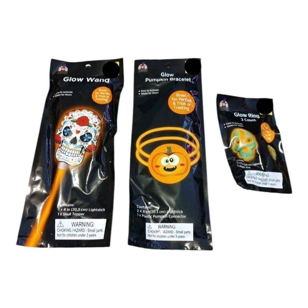 Lot of 3 - Glow in the Dark Skull Wand & Ring Pumpkin Bracelet Party Favor  New
